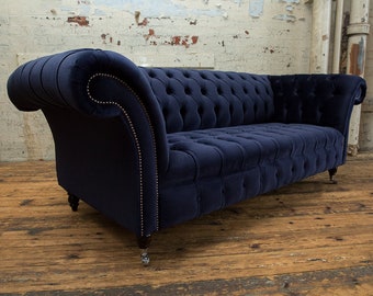 British Handmade Ink Blue Velvet 3 Seater Chesterfield Sofa