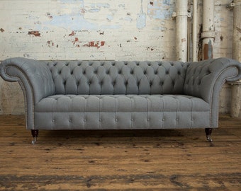 Unique British Handmade Grey Linen 3 Seater Chesterfield Sofa - Bouton Seat