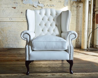 British Handmade White Leather Chesterfield Wing Chair