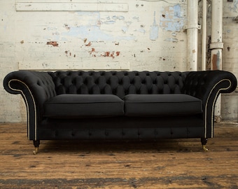Unique British Handmade Black Velvet 3 Seater Chesterfield Sofa - Reflex Cushion Seat