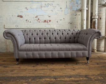 Main Warm Grey Linen 3 Seater Chesterfield Sofa