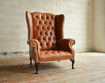 Large Vintage Tan Brown Leather Chesterfield High Back Wing Chair, British  Handmade