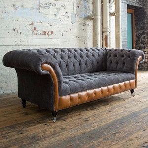 Handmade Large 3 Seater Slate Grey Velvet & Tan Brown Leather ...