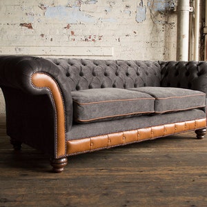 3 Seater Slate Grey Velvet Fabric Chesterfield Sofa, Vintage Tan ...