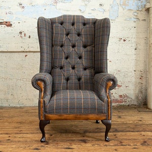 British Handmade Tan Brown Herringbone Tweed with Antique Tan Leather High Back Wing Chair image 2