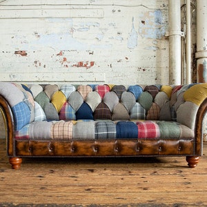 3 seater Patchwork Chesterfield Sofa. Shown in a range of multi coloured wool blend fabrics with contrasting antique tan leather details.