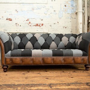 3 Seater Grey Wool Patchwork Chesterfield Sofa, Antique Tan Leather ...