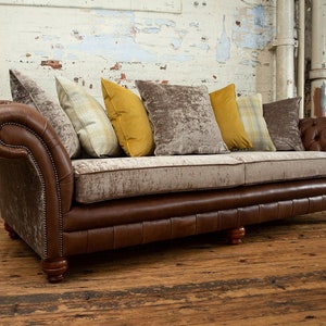4 Seater Hazel Brown Leather & Mink Velvet Chesterfield Sofa, Scatter Cushion Back, British Handmade