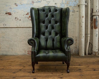 British Handmade Antique Green Leather Chesterfield Highback Wing Chair