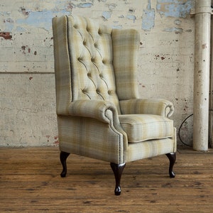 British Handmade Beige Mustard Tartan Wool Chesterfield High Back Wing Chair - Other Colours +