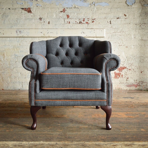 Unique British Handmade Grey Wool Chesterfield Short Office Dining Wing Chair - Reflex Foam Cushion Seat