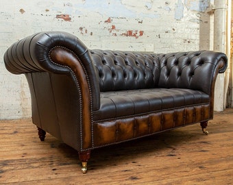 Handmade 2 Seater Vintage Storm Grey With Antique Tan Leather