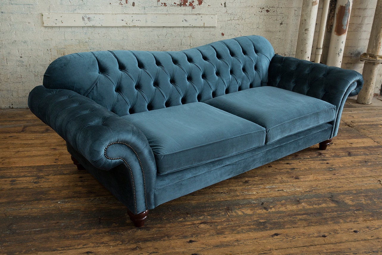 Large British Handmade 3 Seater Duck Egg Blue Velvet Fabric Chesterfield Sofa Etsy