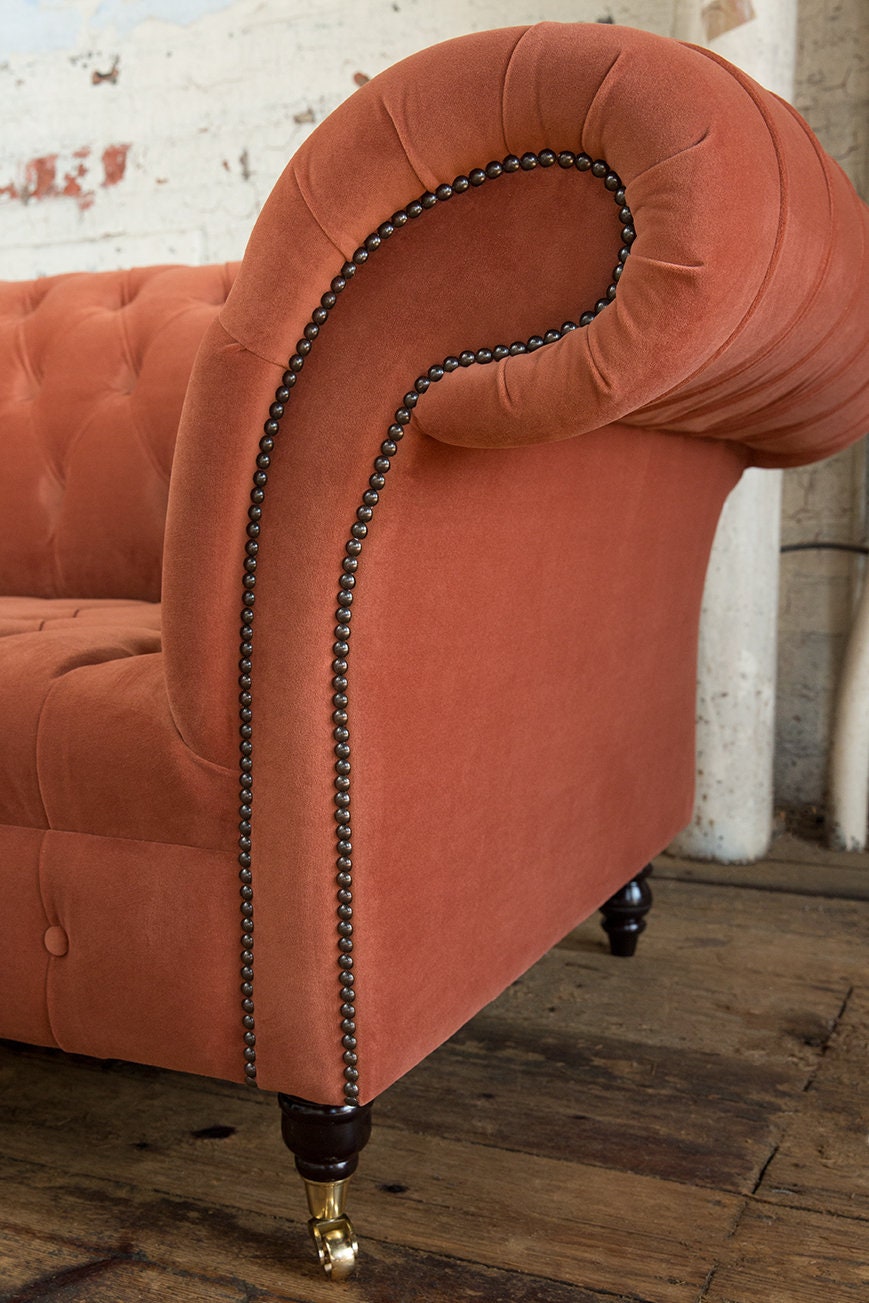3 Seater Burnt Orange Velvet Chesterfield Sofa British Handmade Etsy