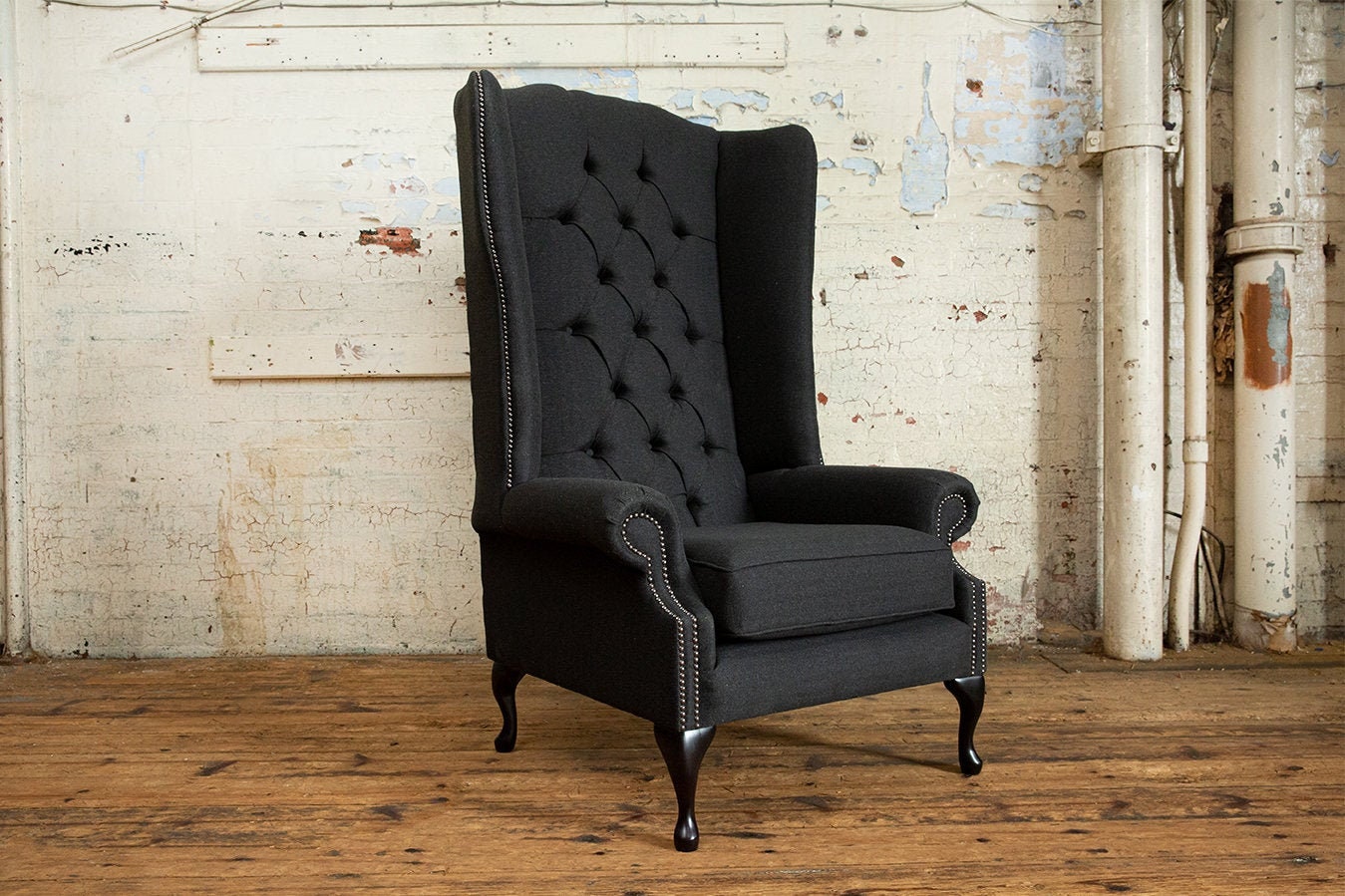 Large Charcoal Grey Herringbone Wool Chesterfield High Back Wing
