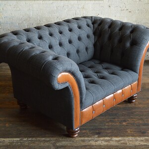 British Handmade Dark Grey Wool & Vintage Tan Leather Chesterfield ...