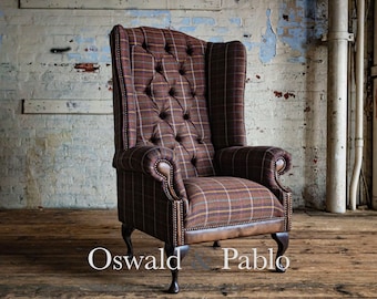 British Handmade Dark Brown Herringbone Tweed with Antique Tan Leather High Back Wing Chair