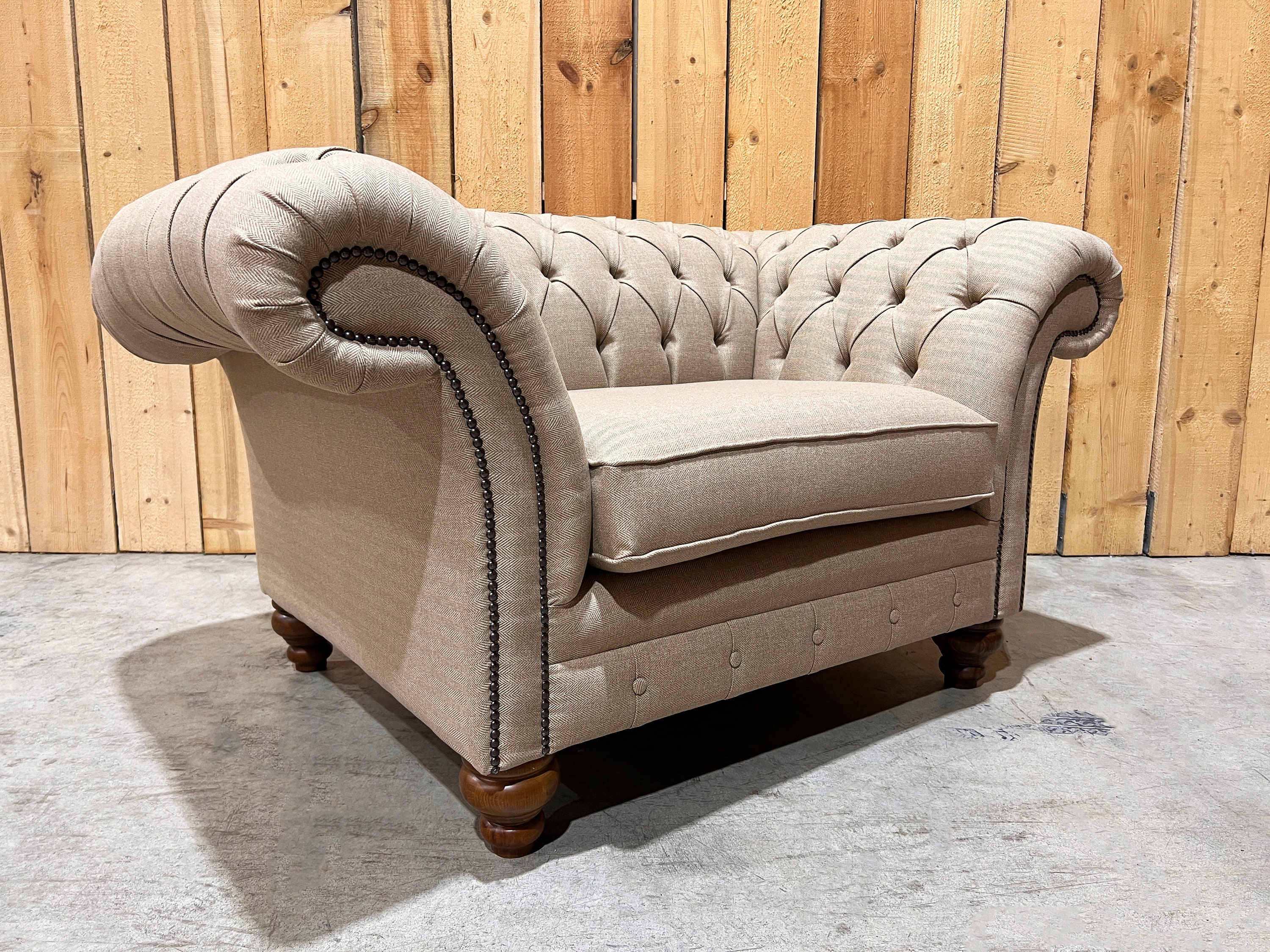 Beige Herringbone Wool Chesterfield Snuggle Chair, Loveseat, British Handmade