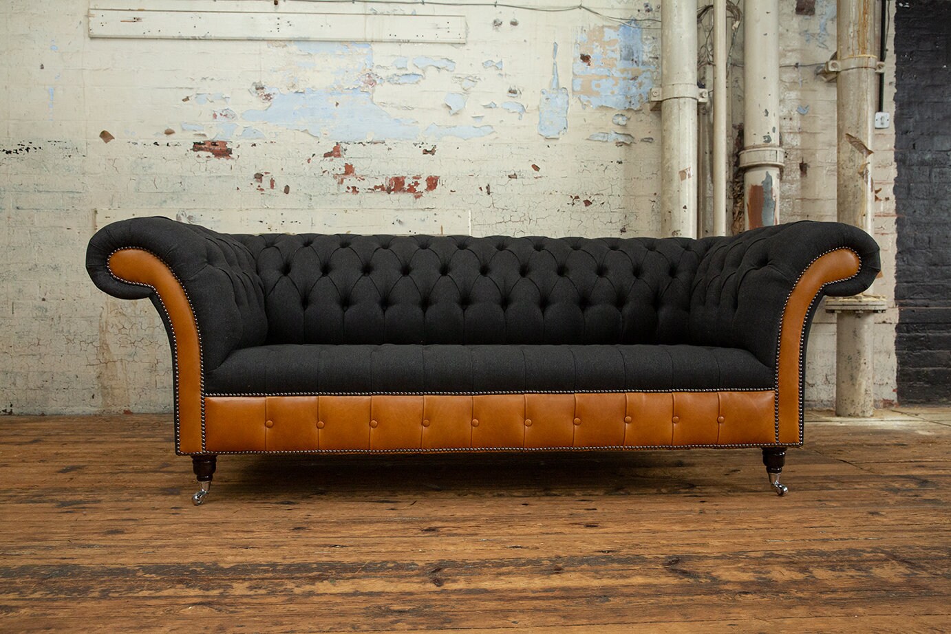 British Handmade 3 Seater Charcoal Grey Herringbone Wool & Tan Leather ...