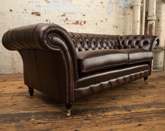 Fait à la main traditionnel 3 places Antique Brown Leather Chesterfield Sofa - Reflex Cushion Seat