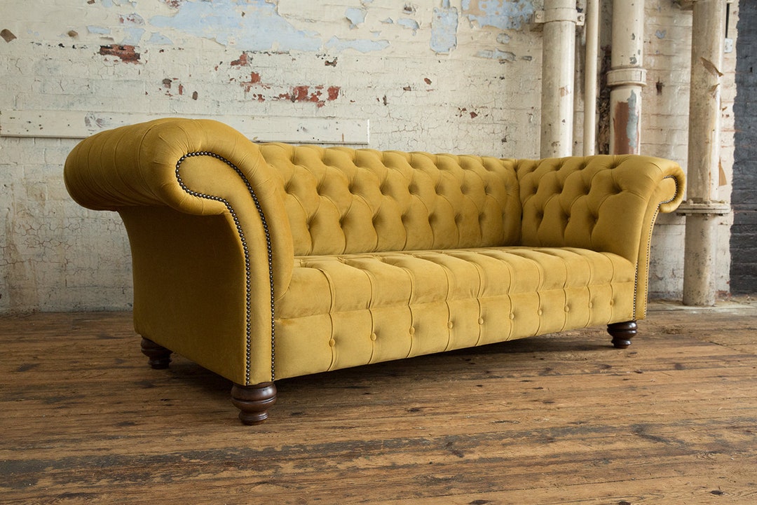 3 Seater Mustard Velvet Fabric Chesterfield Sofa, British Handmade ...