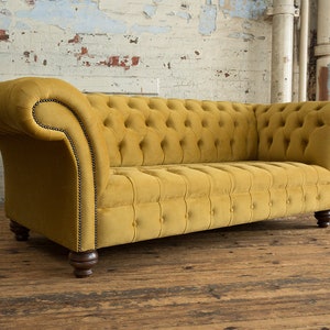 3 Seater Mustard Velvet Fabric Chesterfield Sofa, British Handmade ...