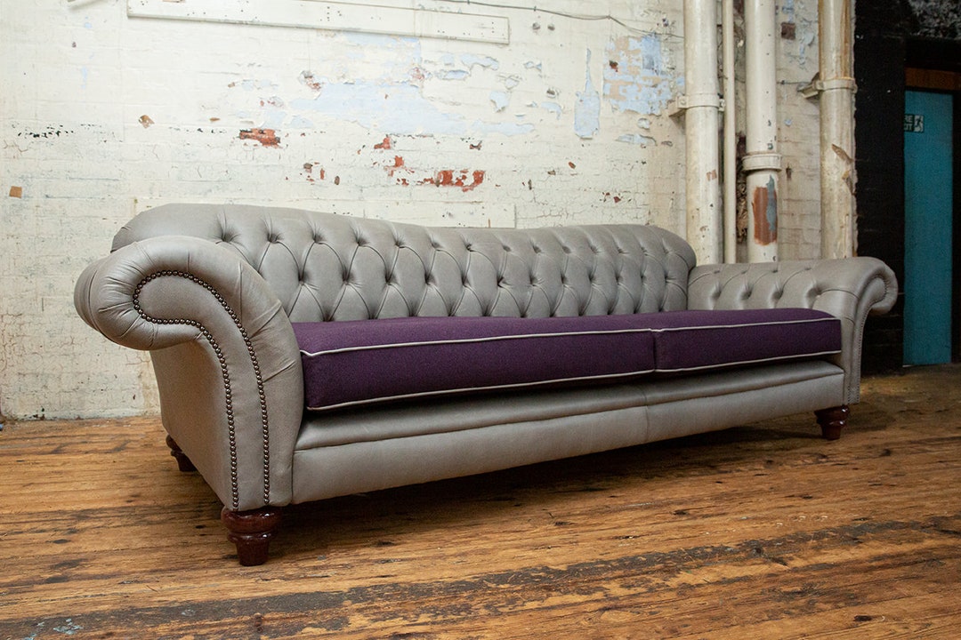 Handmade 3 Seater Grey Leather Chesterfield Sofa With Purple ...
