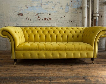 3 Seater Yellow Velvet Fabric Chesterfield Sofa, British Handmade