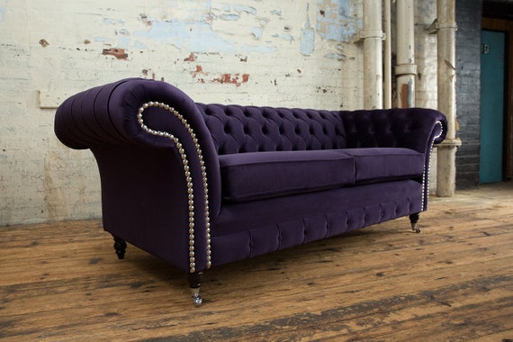 3 Seater Dark Purple Velvet Fabric Chesterfield Sofa British