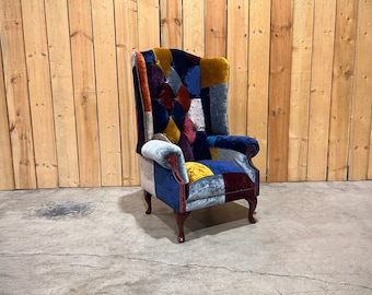 Unique Multi Coloured Velvet Patchwork Chesterfield High Back Wing Chair, British Handmade