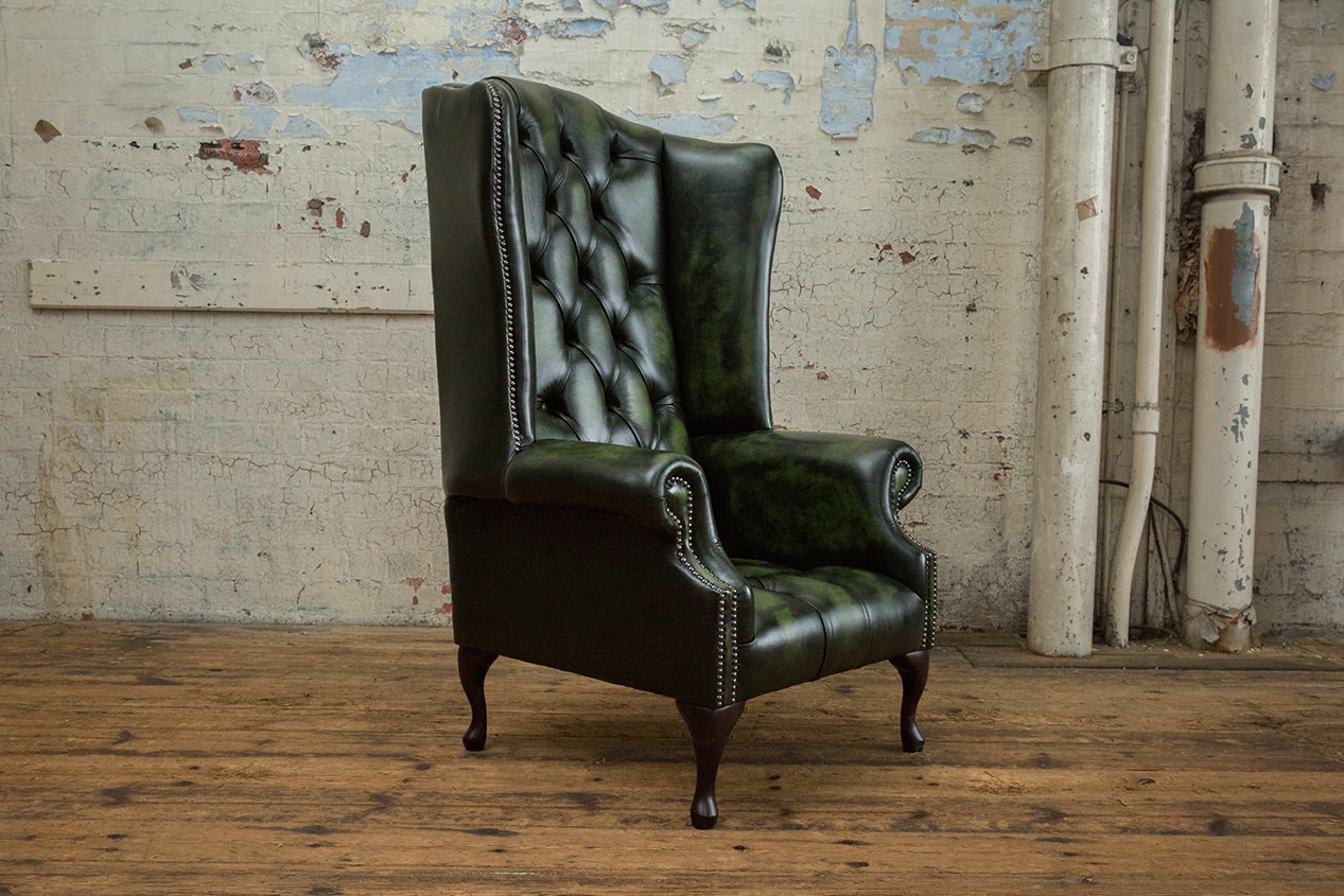 Traditional British Handmade Antique Green Leather Chesterfield