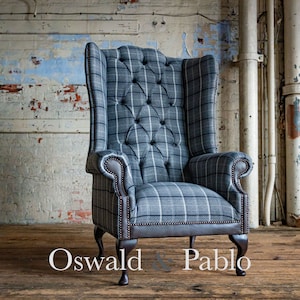 British Handmade Grey Herringbone Tweed  High Back Wing Chair - With Grey Leather Details