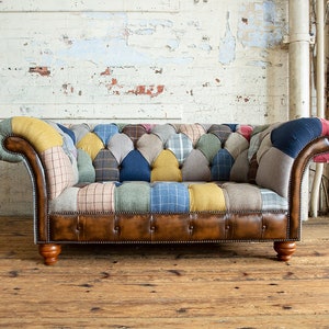 Unique British Handmade 2 Seater Patchwork Chesterfield Sofa - Multicolour Wool Blend Fabric