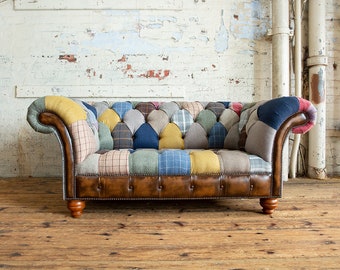 Unique British Handmade 2 Seater Patchwork Chesterfield Sofa - Multicolour Wool Blend Fabric