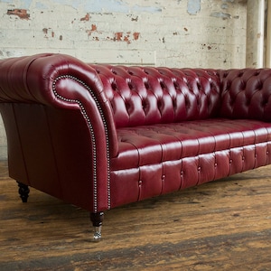 3 Seater Vintage Burgundy Red Leather Chesterfield Sofa, British ...