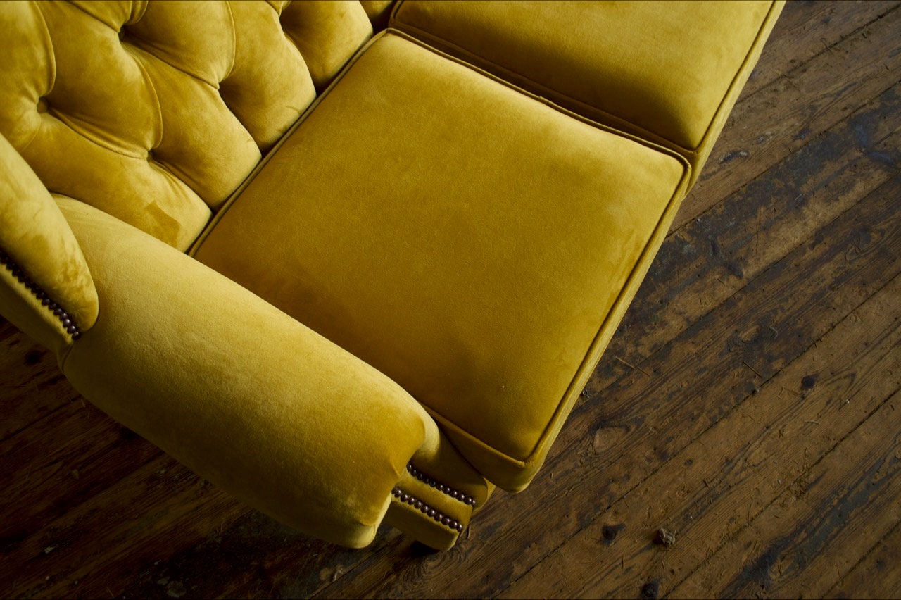 British Handmade Mustard Velvet 3 Seater High Back Chesterfield Sofa ...