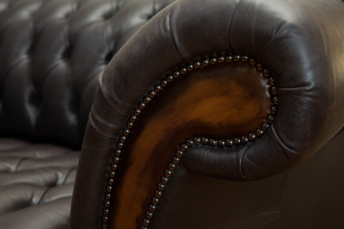 Handmade 3 Seater Vintage Grey With Antique Tan Leather Chesterfield ...