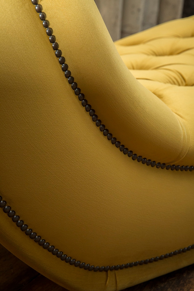Mustard Velvet Fabric Chesterfield Chaise Lounge Chair, British Handmade image 5