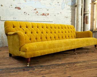 Handmade 4 Seater Mustard Velvet Fabric Chesterfield Sofa - Low Retro Seat