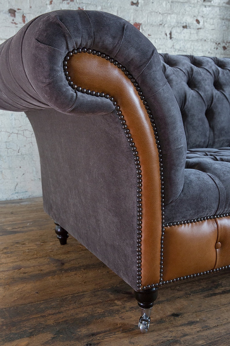 Handmade Large 3 Seater Slate Grey Velvet & Tan Brown Leather ...