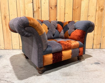 Unique British Copper Orange & Grey Velvet Fabric Patchwork Chesterfield Snuggle Armchair