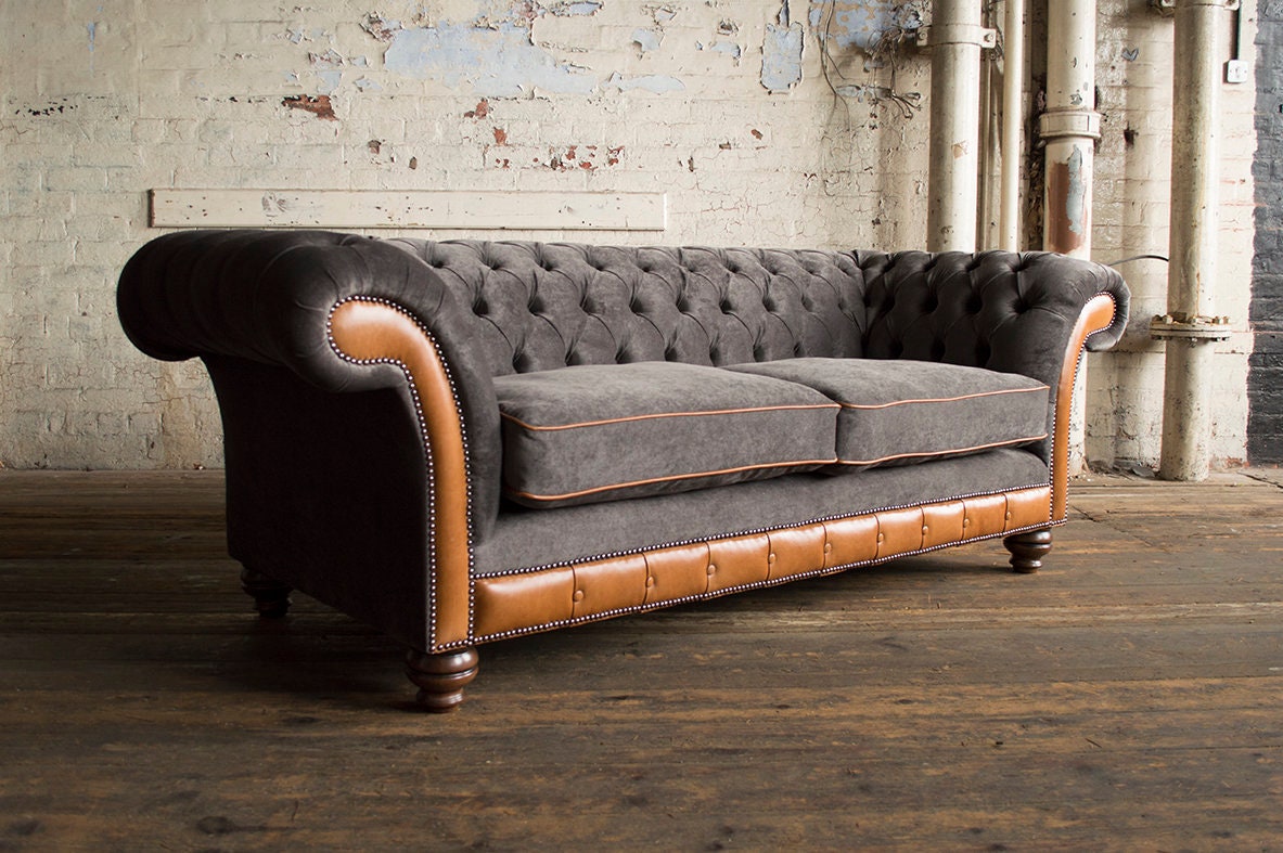3 Seater Slate Grey Velvet Fabric Chesterfield Sofa, Vintage Tan ...