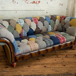 3 seater Patchwork Chesterfield Sofa. Shown in a range of multi coloured wool blend fabrics with contrasting antique tan leather details.