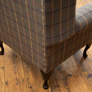 British Handmade Tan Brown Herringbone Tweed with Antique Tan Leather High Back Wing Chair image 9