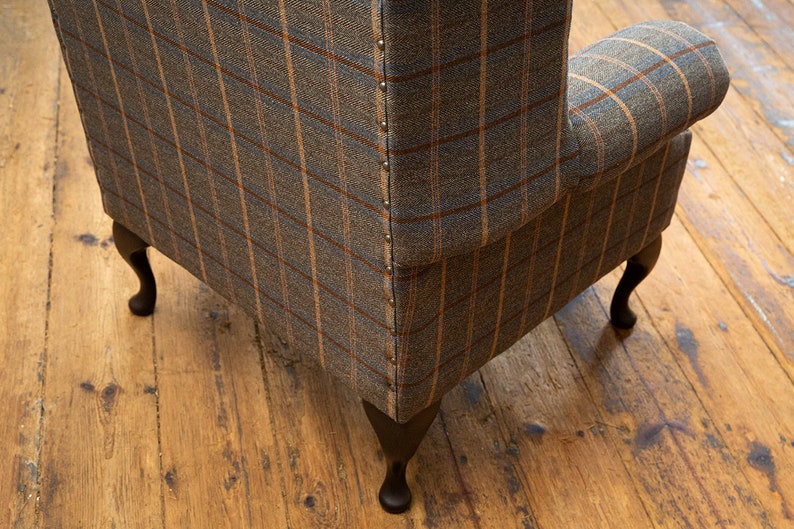 British Handmade Tan Brown Herringbone Tweed with Antique Tan Leather High Back Wing Chair image 9