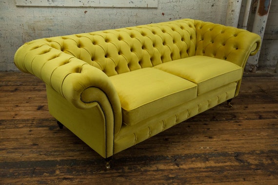 3 Seater Yellow Velvet Fabric Chesterfield Sofa Quirky Coloured