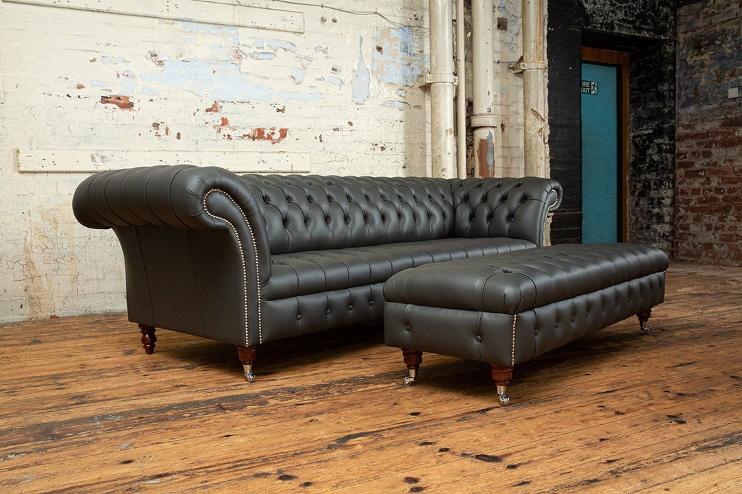 British Handmade 4 Seater Grey Steel Leather Chesterfield Sofa & Large ...