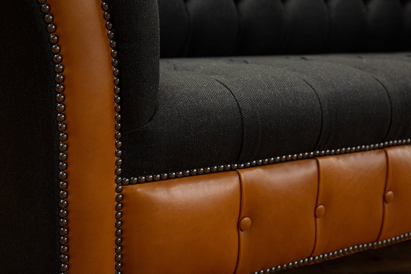 British Handmade 3 Seater Charcoal Grey Herringbone Wool & Tan Leather ...