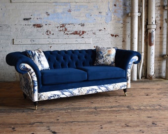 Handmade 3 Seater Navy Blue Velvet Fabric Chesterfield Sofa - Contrasting Chic Floral Pattern
