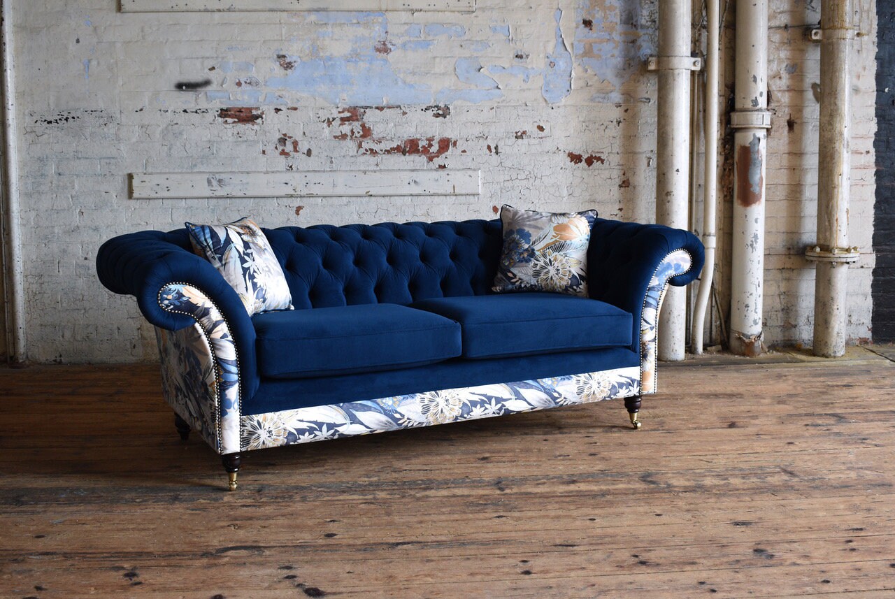 Handmade 3 Seater Navy Blue Velvet Fabric Chesterfield Sofa ...
